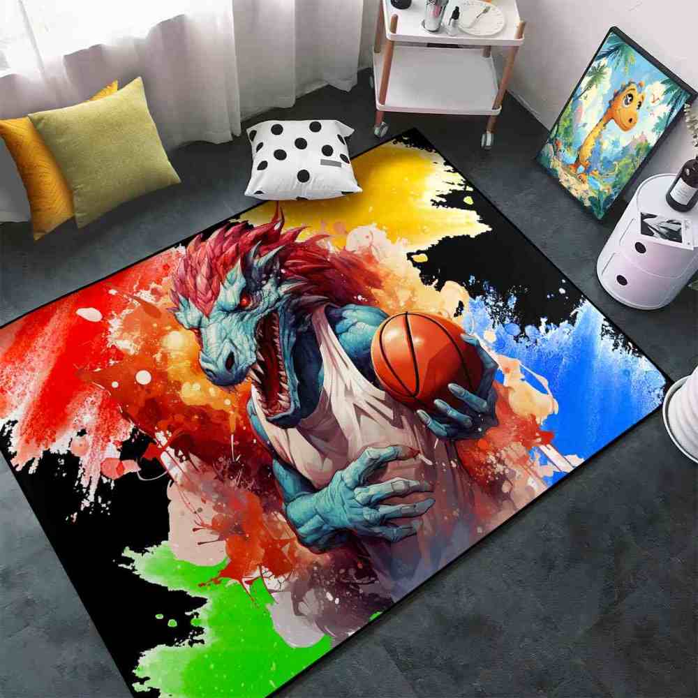 Red Spike Dinosaur Basketball Art Boys Bedroom Rug | CozyLil