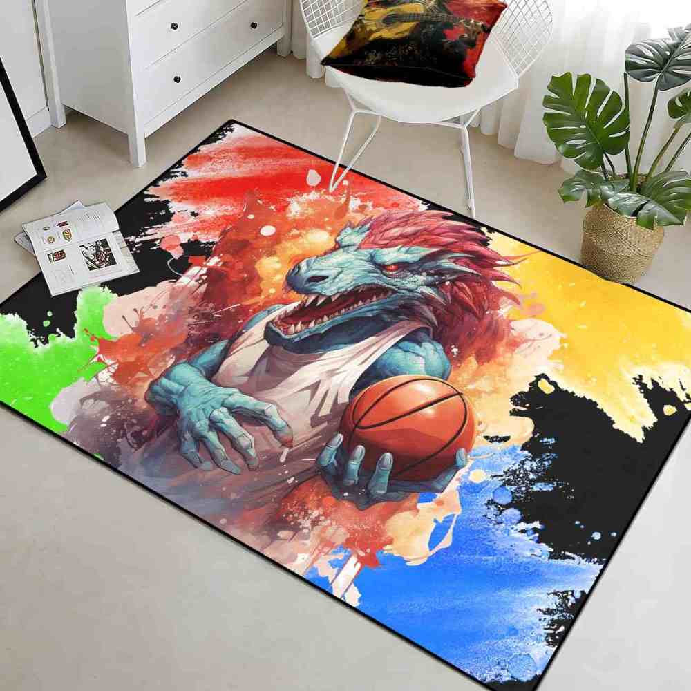 Red Spike Dinosaur Basketball Art Boys Bedroom Rug | CozyLil