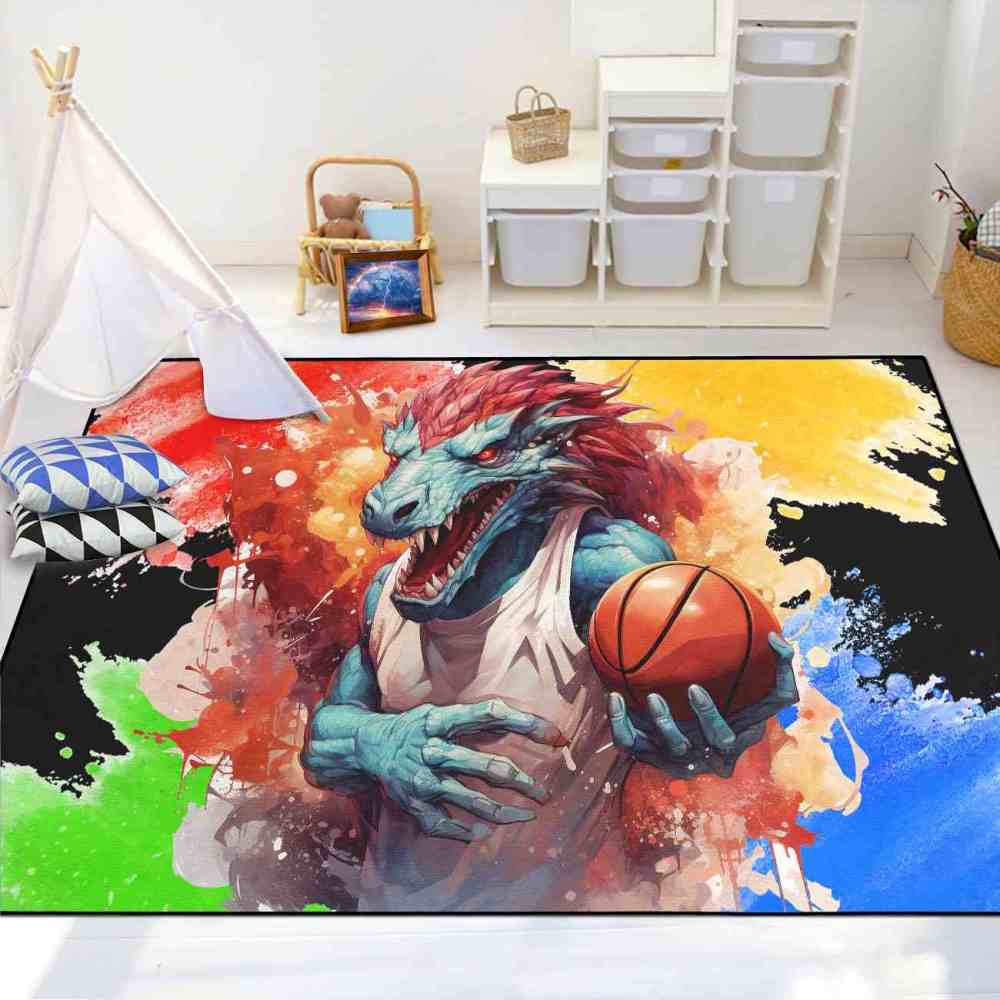 Red Spike Dinosaur Basketball Art Boys Bedroom Rug | CozyLil