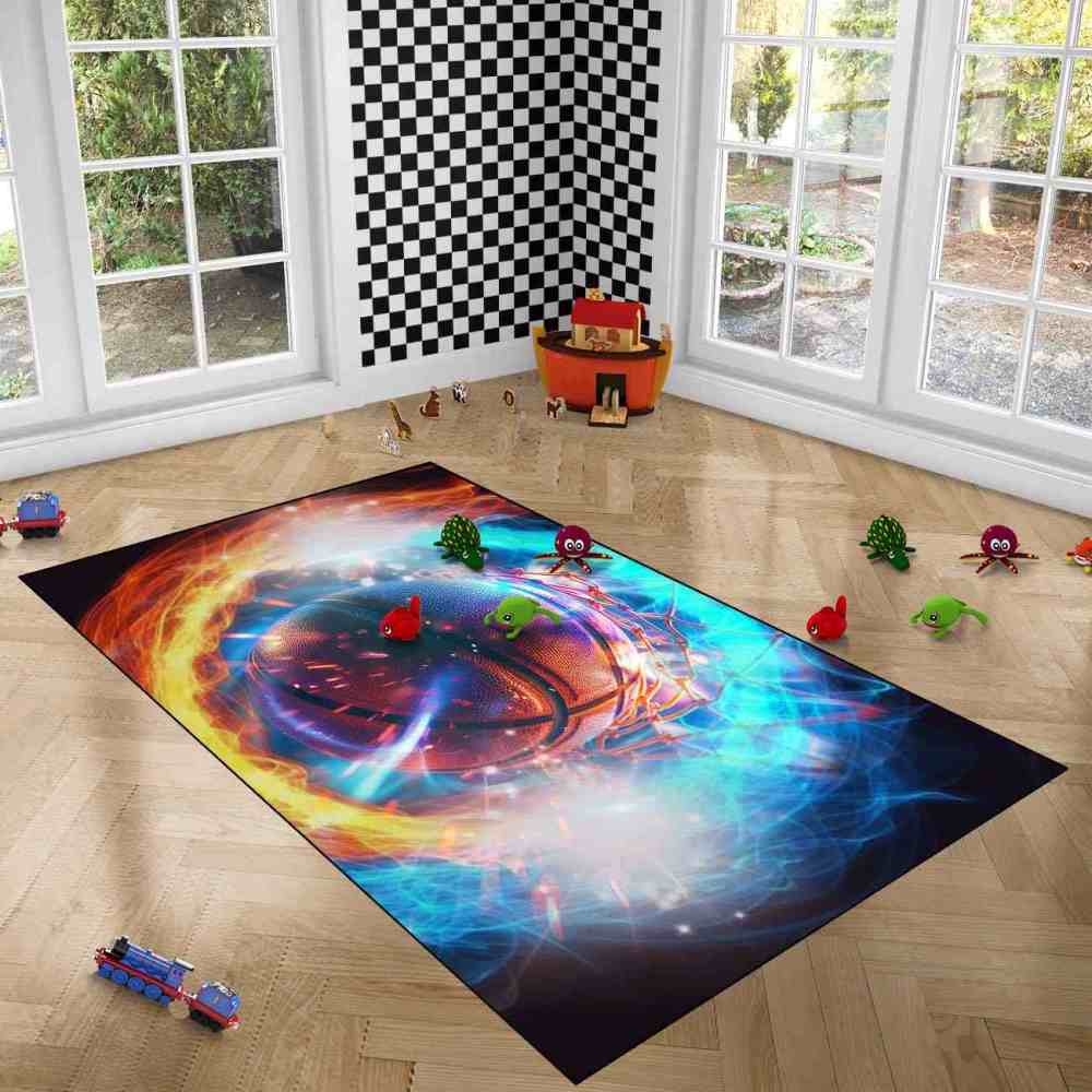Hoops and Fire Basketball Net Area Rug Sports Room Mat | CozyLil
