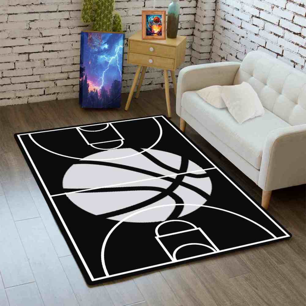 Minimalist Black and White Basketball Court Area Rug | CozyLil