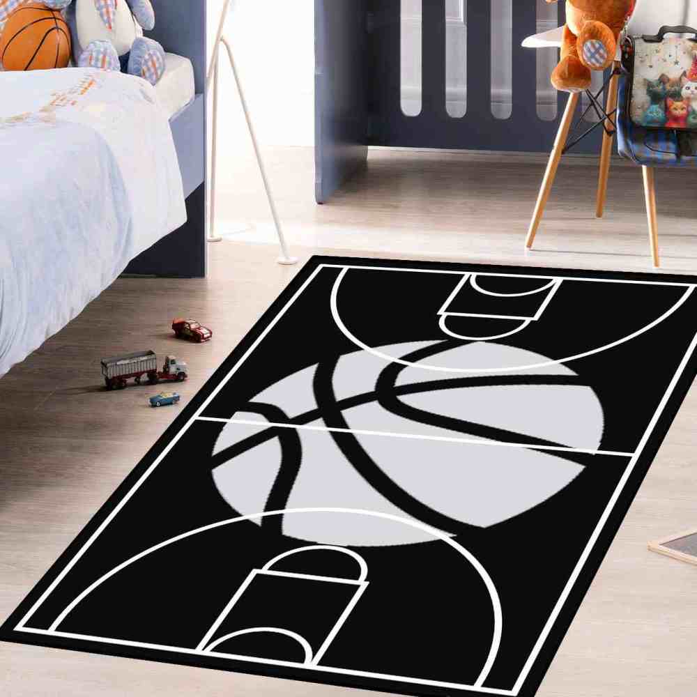 Minimalist Black and White Basketball Court Area Rug | CozyLil
