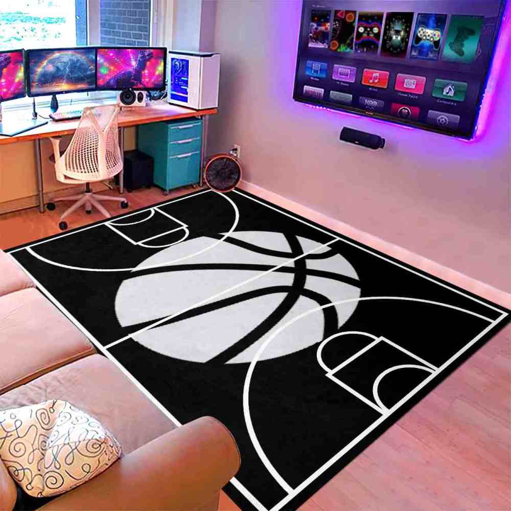 Minimalist Black and White Basketball Court Area Rug | CozyLil