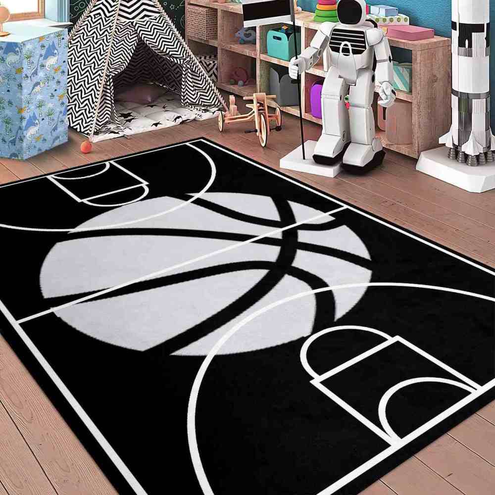 Minimalist Black and White Basketball Court Area Rug | CozyLil