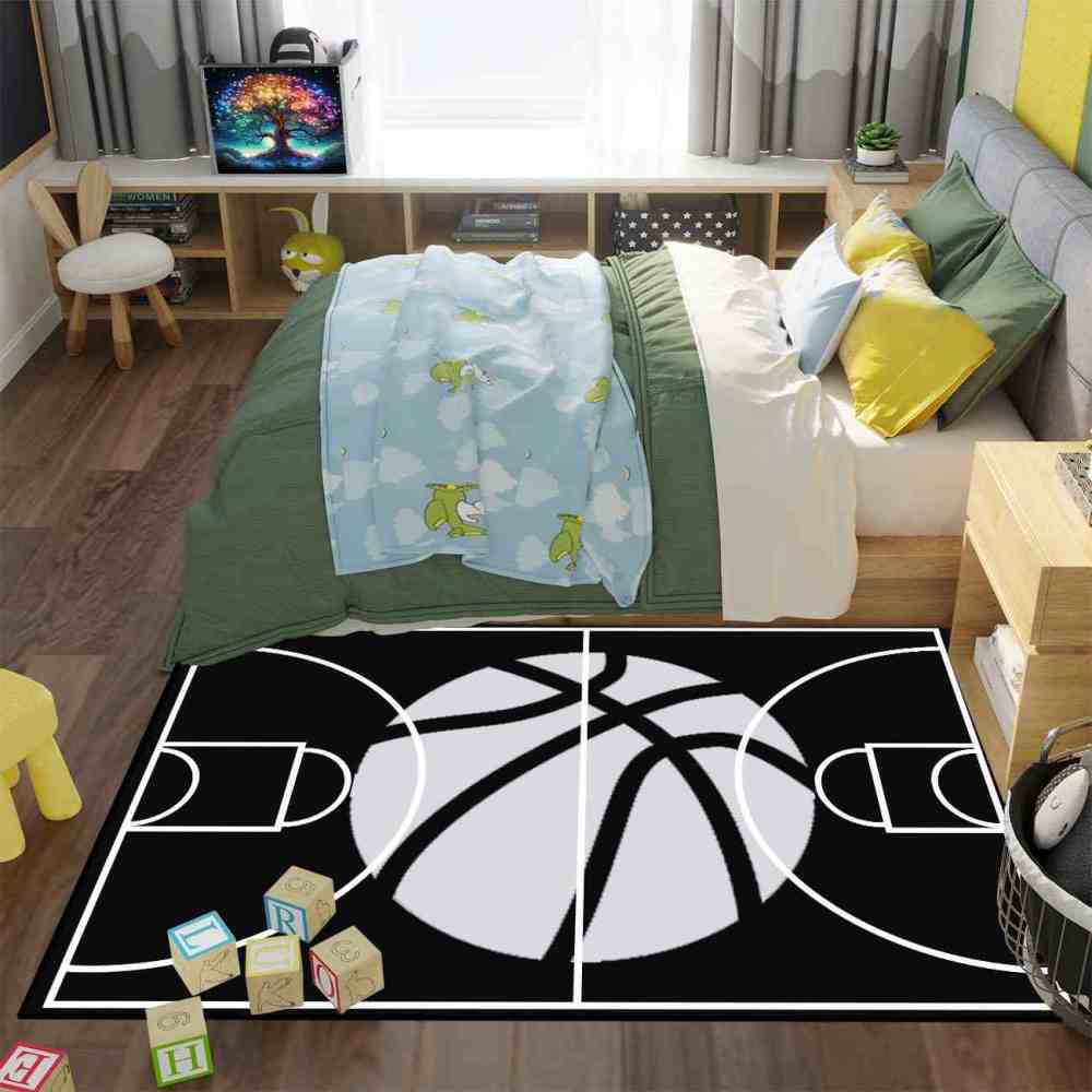 Minimalist Black and White Basketball Court Area Rug | CozyLil