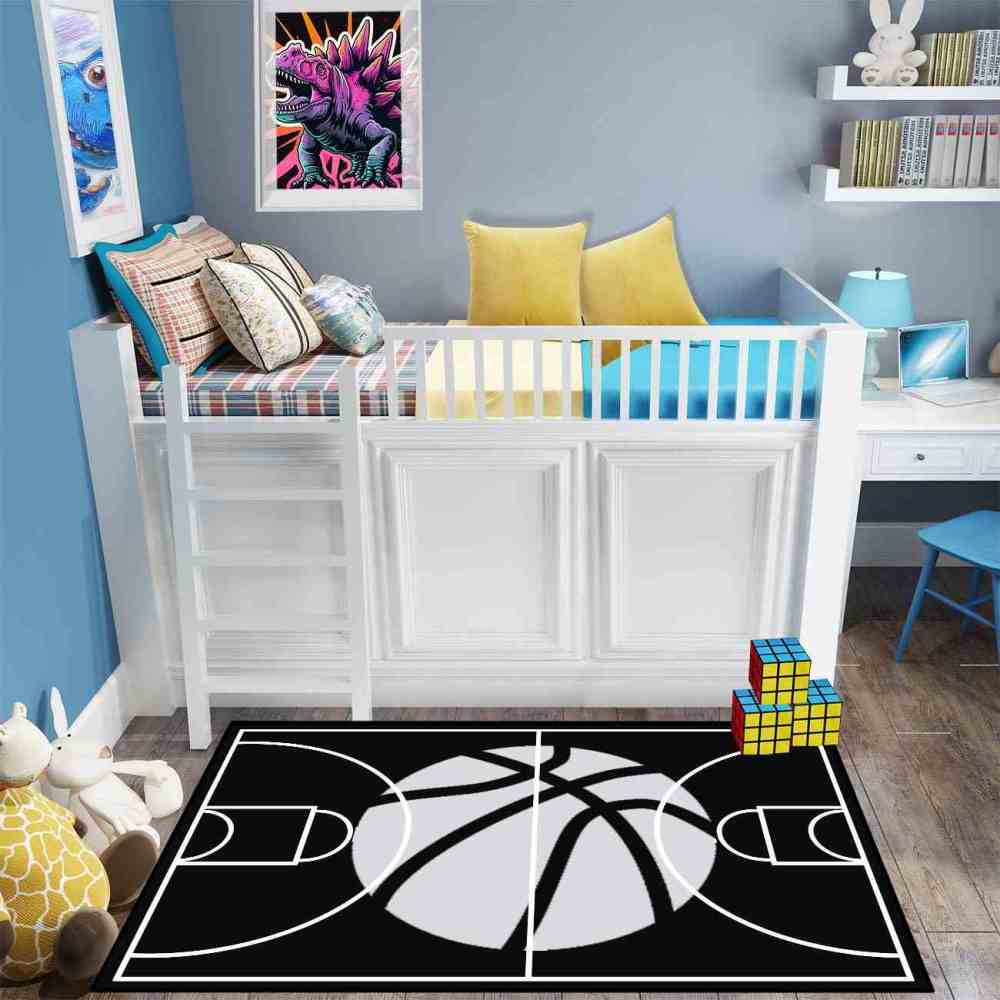Minimalist Black and White Basketball Court Area Rug | CozyLil