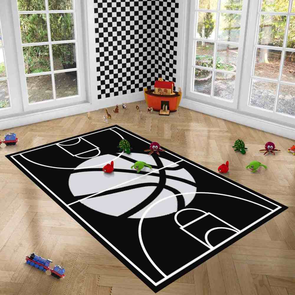 Minimalist Black and White Basketball Court Area Rug | CozyLil