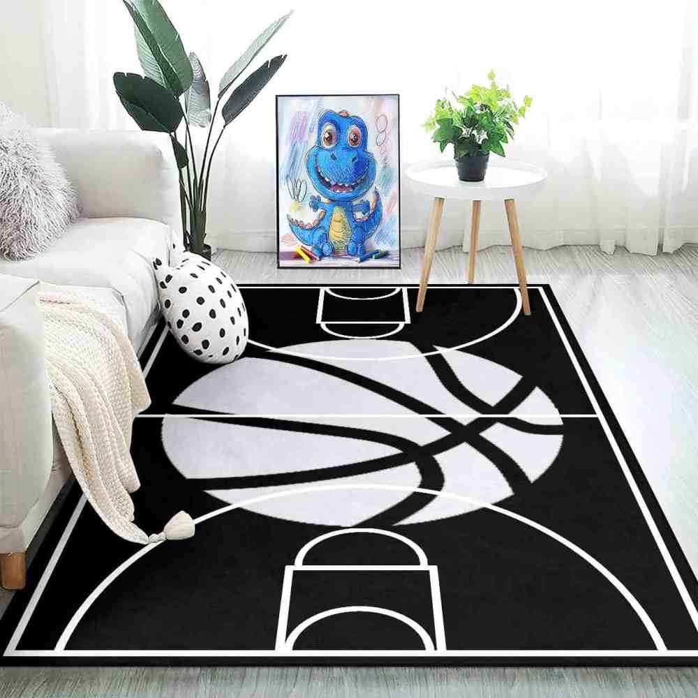 Minimalist Black and White Basketball Court Area Rug | CozyLil