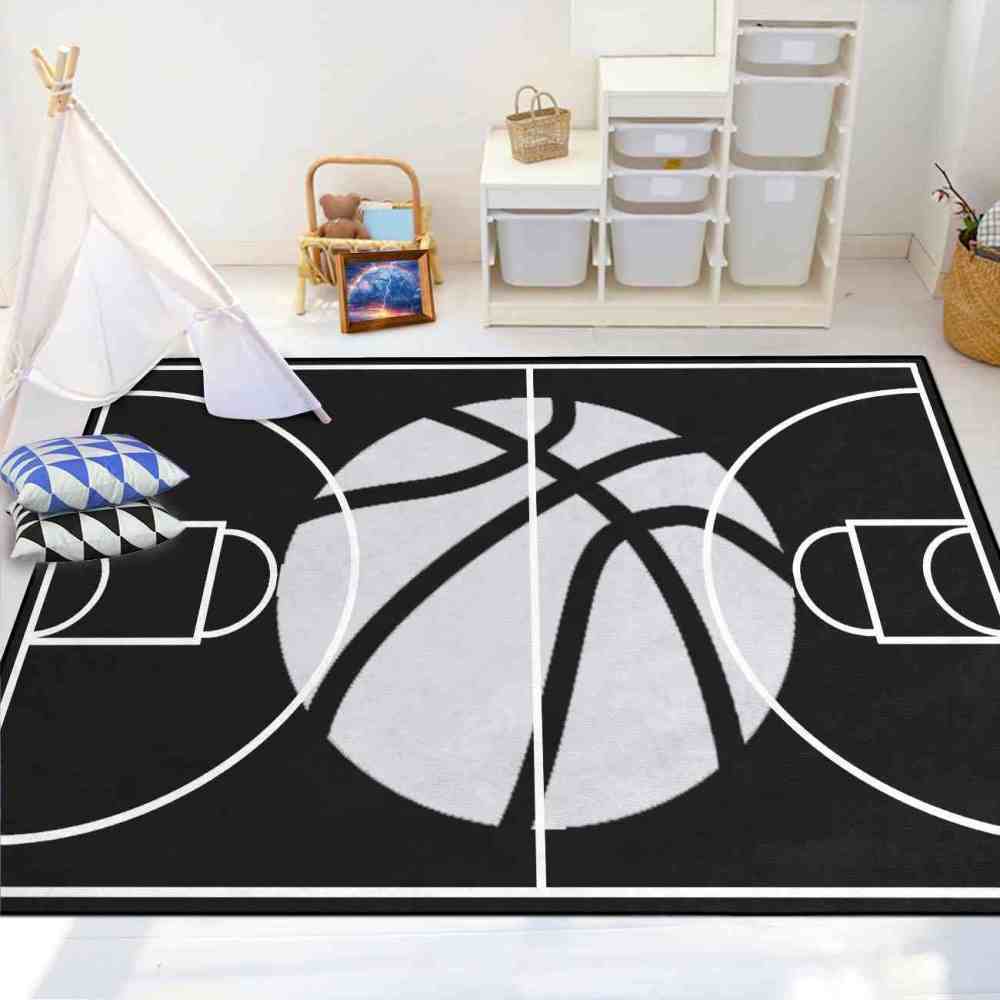 Minimalist Black and White Basketball Court Area Rug | CozyLil