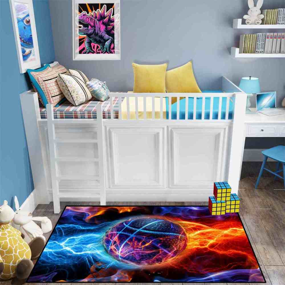 Fire and Lightning Clash Basketball Area Rug Boys Room | CozyLil