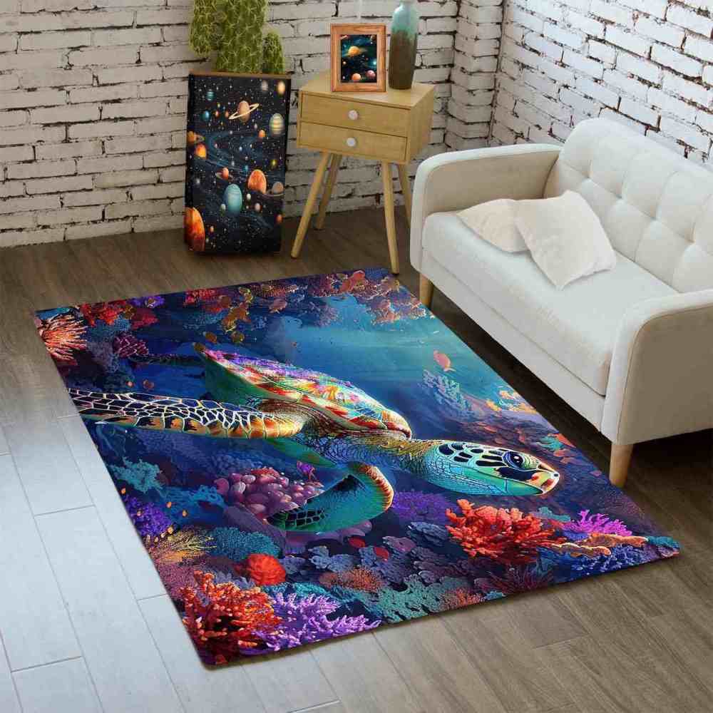 Artistic Painted Sea Turtle Area Rug Living Room Decor | CozyLil