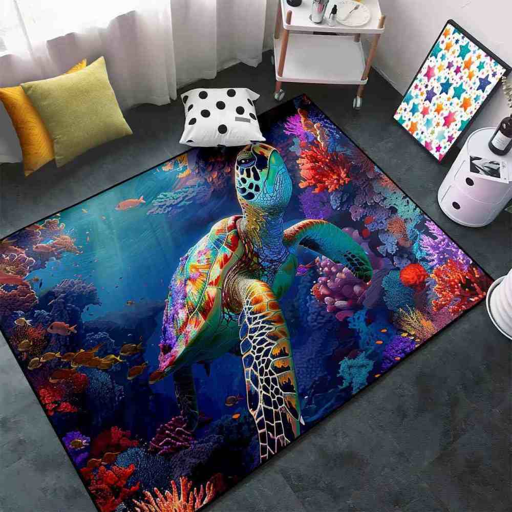 Artistic Painted Sea Turtle Area Rug Living Room Decor | CozyLil