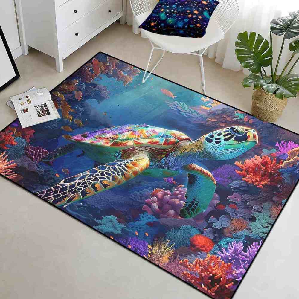 Artistic Painted Sea Turtle Area Rug Living Room Decor | CozyLil