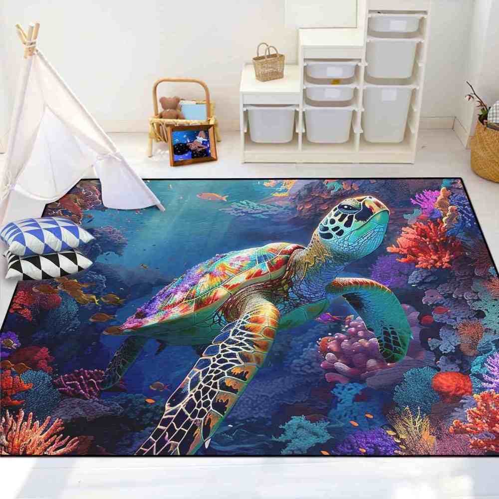 Artistic Painted Sea Turtle Area Rug Living Room Decor | CozyLil