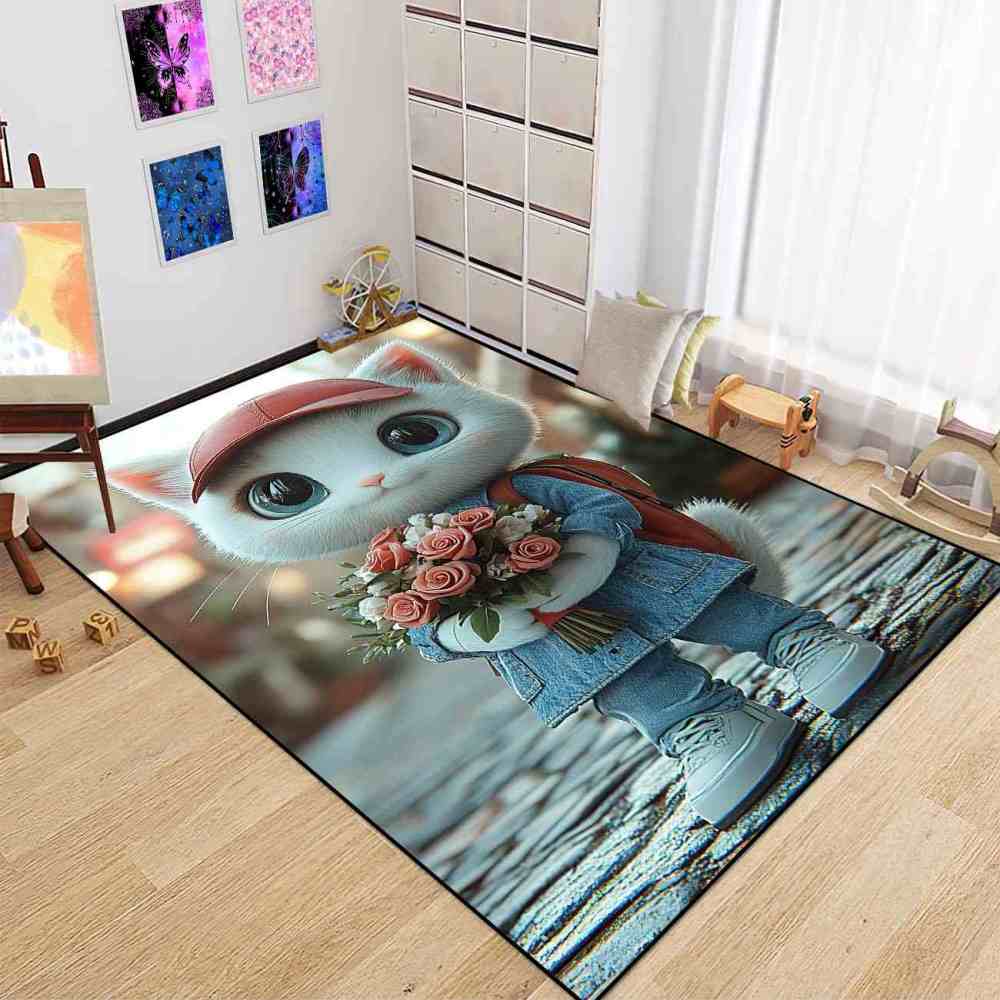 Denim Overalls Kitten Rose Bouquet Girls Playroom Rug | CozyLil