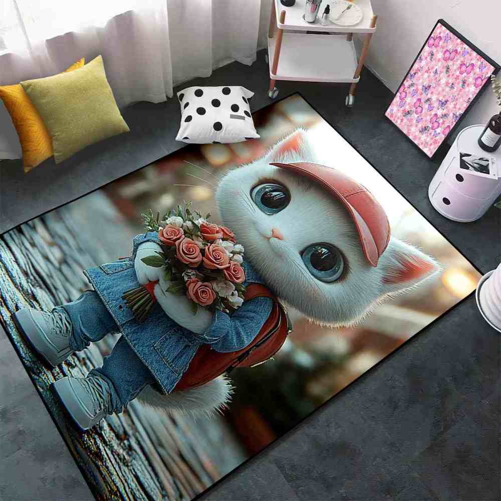 Denim Overalls Kitten Rose Bouquet Girls Playroom Rug | CozyLil