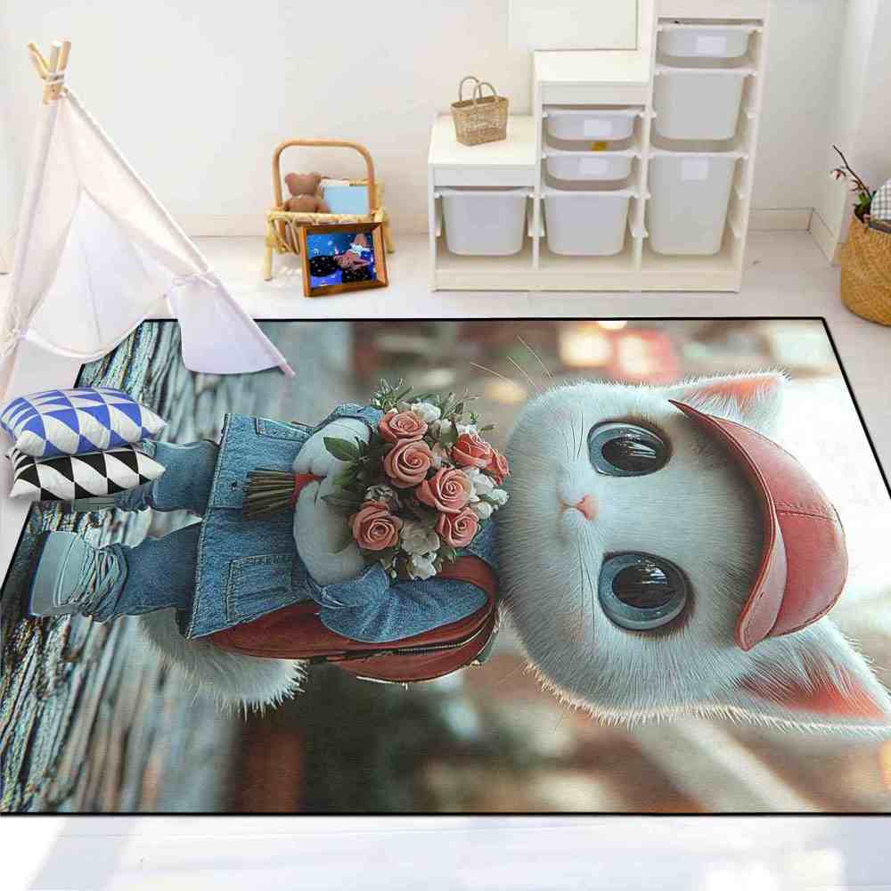 Denim Overalls Kitten Rose Bouquet Girls Playroom Rug | CozyLil