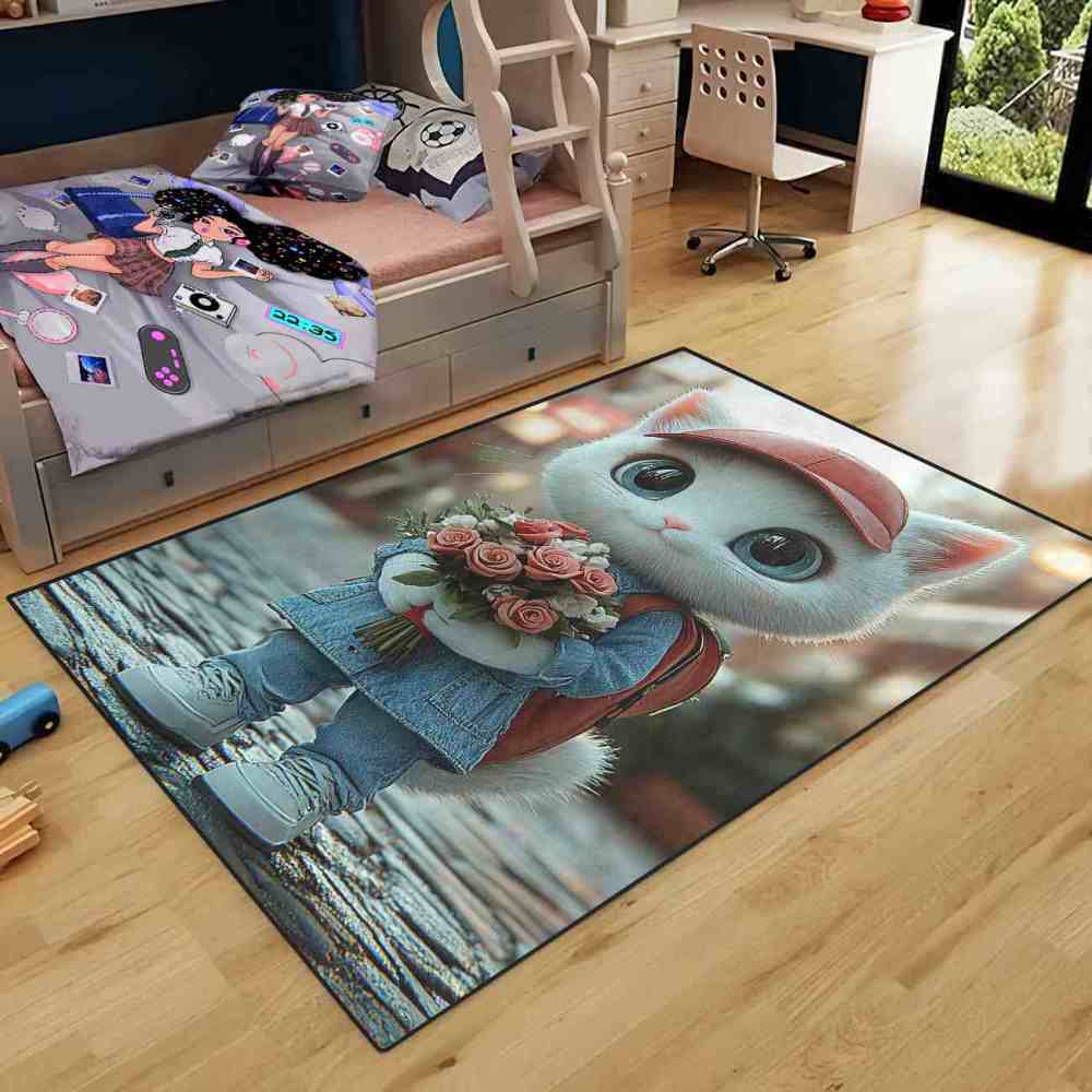 Denim Overalls Kitten Rose Bouquet Girls Playroom Rug | CozyLil