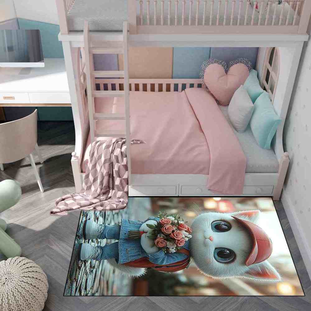 Denim Overalls Kitten Rose Bouquet Girls Playroom Rug | CozyLil