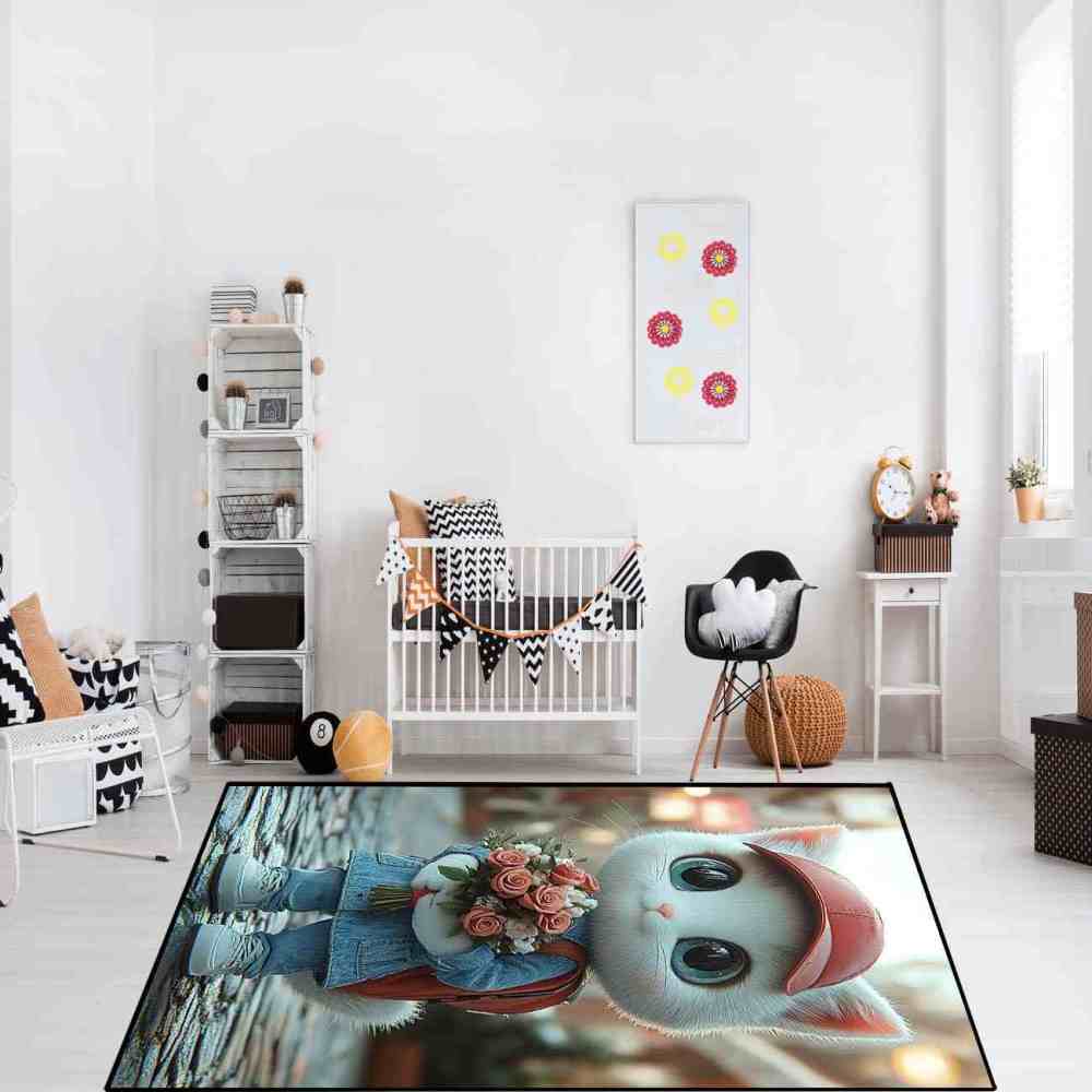 Denim Overalls Kitten Rose Bouquet Girls Playroom Rug | CozyLil
