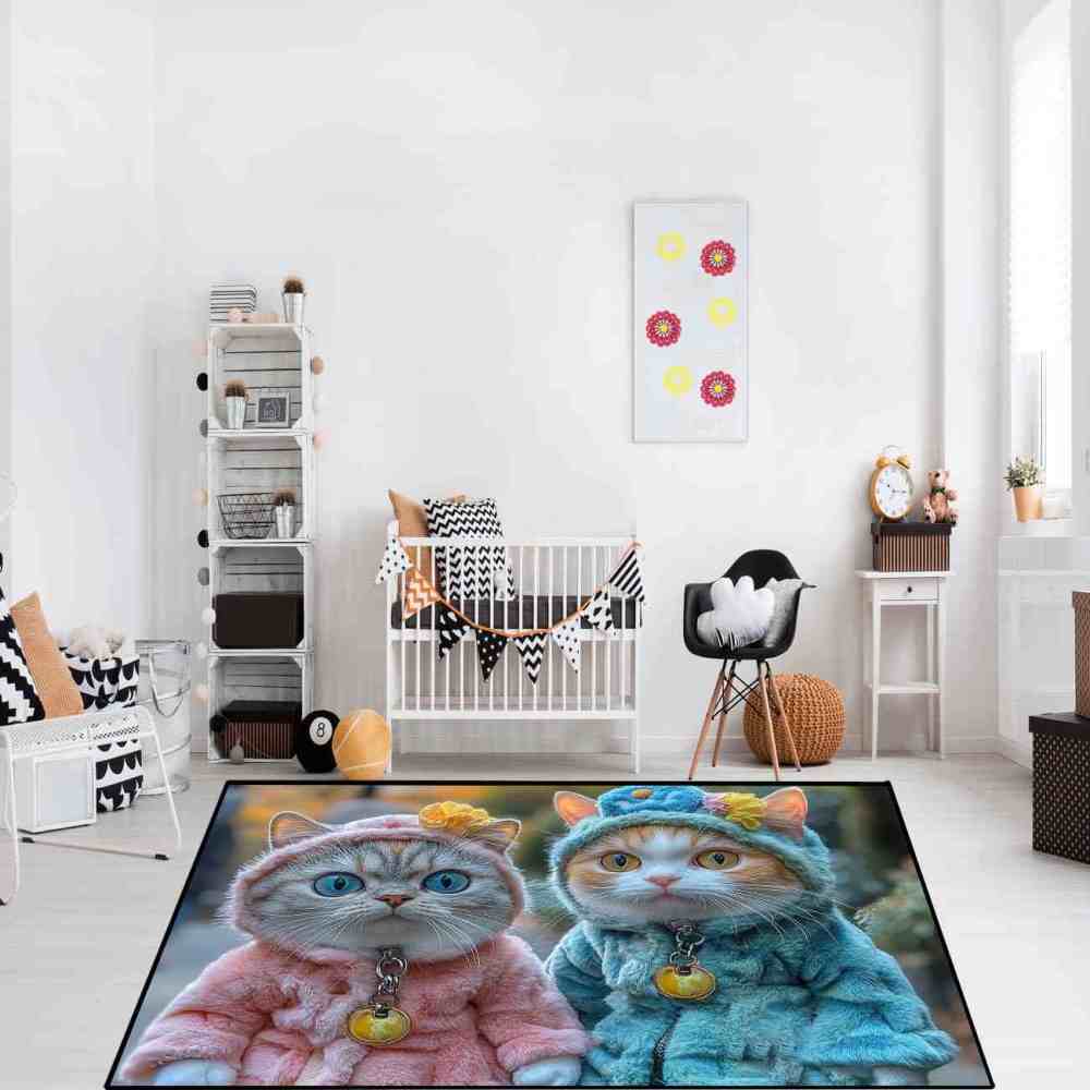 Hooded Kittens Winter Coats Shared Kids Room Rug | CozyLil