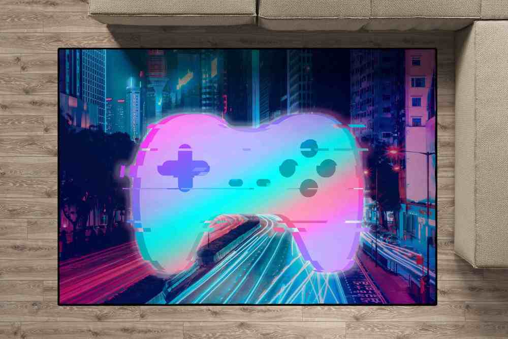Retro Synthwave Cityscape Gamepad Area Rug Teen Room Decor | CozyLil