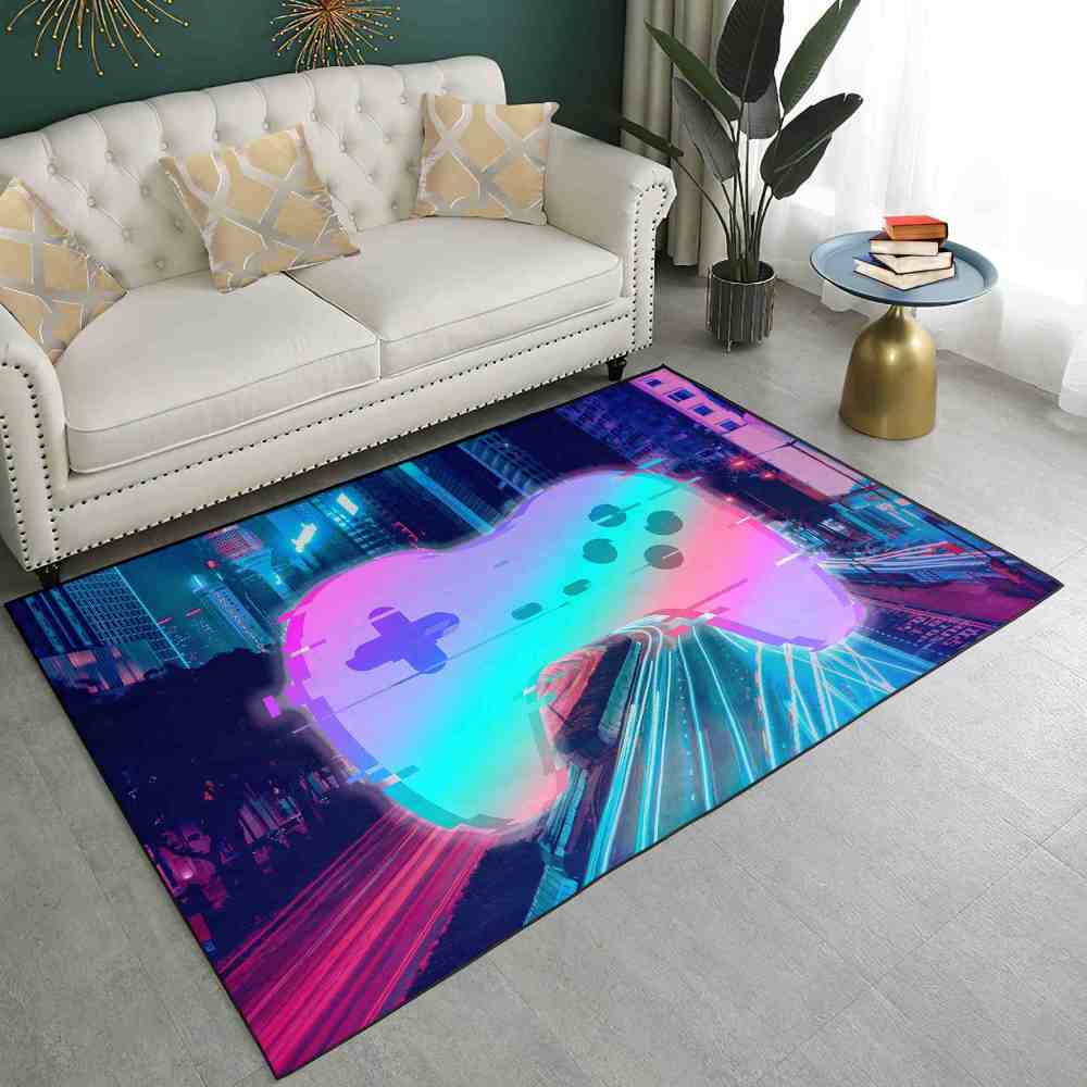 Retro Synthwave Cityscape Gamepad Area Rug Teen Room Decor | CozyLil