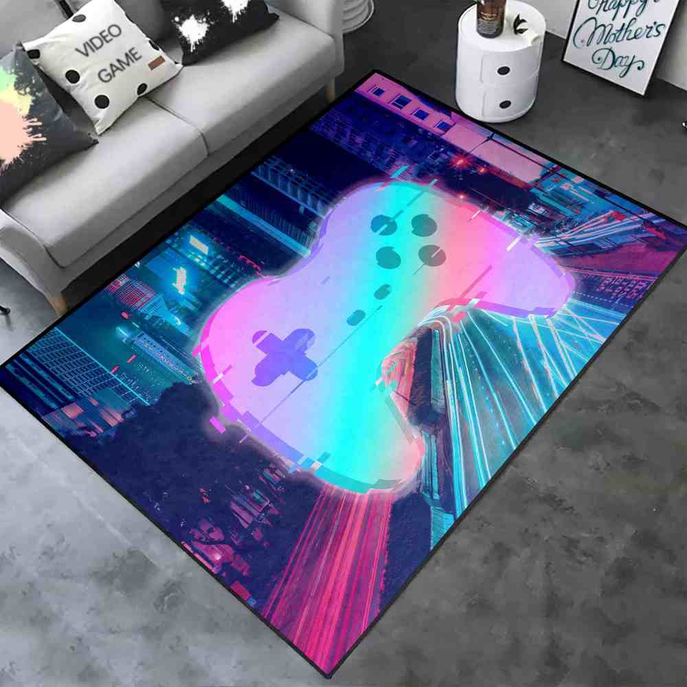 Retro Synthwave Cityscape Gamepad Area Rug Teen Room Decor | CozyLil