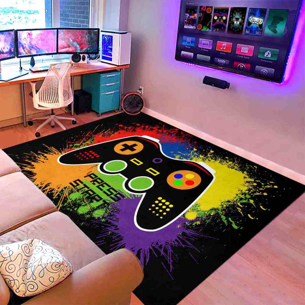 Paint Splatter Gamer Area Rug Press Start Boys Bedroom Mat | CozyLil