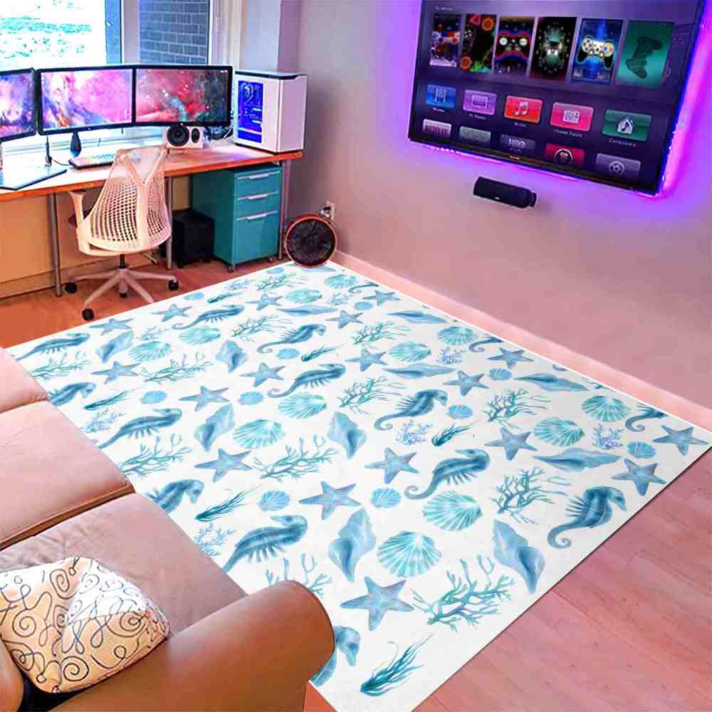 Watercolor Seahorse Area Rug Coastal Bedroom Mat | CozyLil