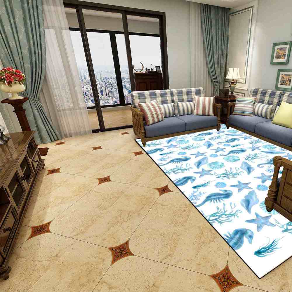 Watercolor Seahorse Area Rug Coastal Bedroom Mat | CozyLil