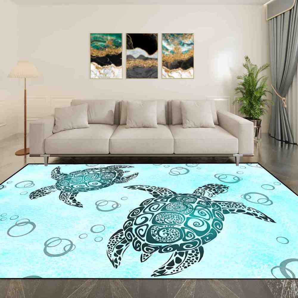 Tribal Sea Turtle Area Rug Blue Coastal Room Decor | CozyLil