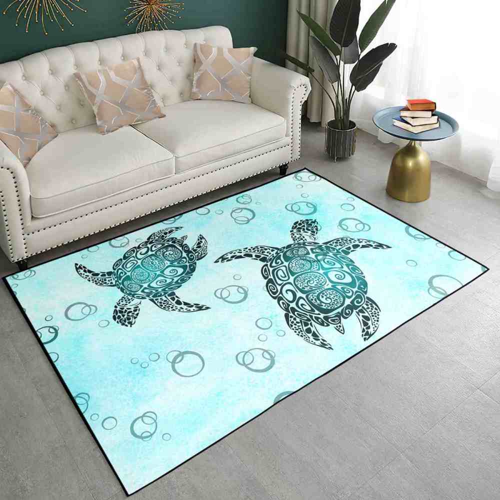 Tribal Sea Turtle Area Rug Blue Coastal Room Decor | CozyLil