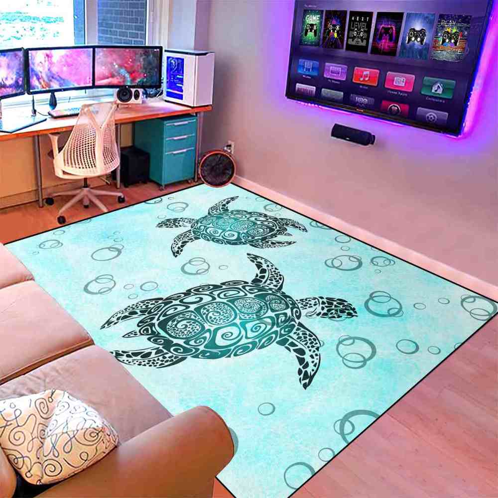 Tribal Sea Turtle Area Rug Blue Coastal Room Decor | CozyLil