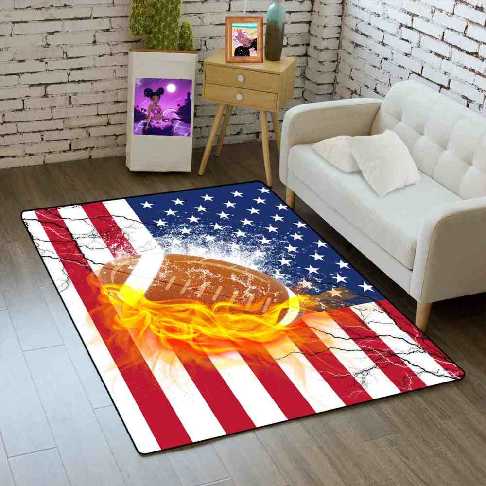 Flaming Football USA Flag Area Rug Boys Bedroom Sports Decor | CozyLil