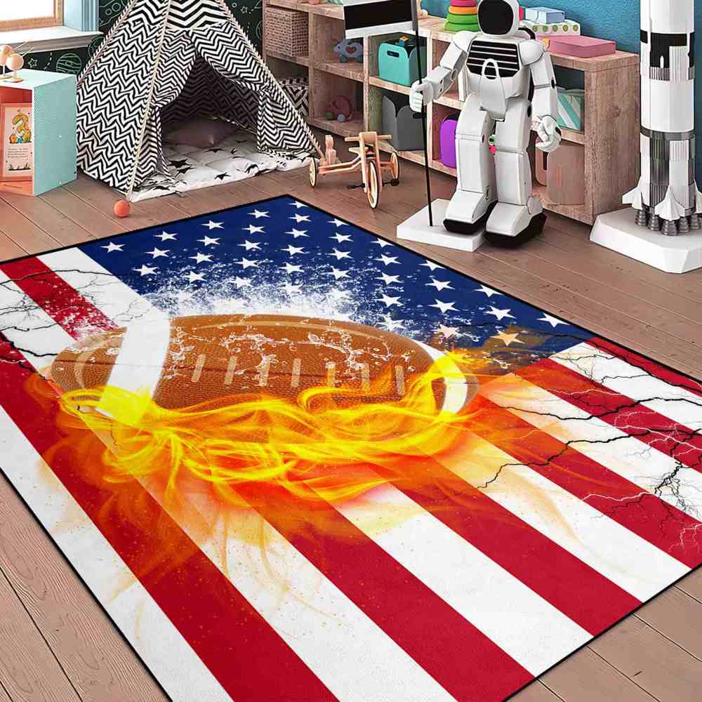 Flaming Football USA Flag Area Rug Boys Bedroom Sports Decor | CozyLil
