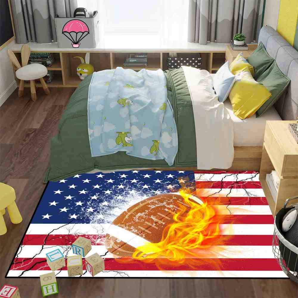 Flaming Football USA Flag Area Rug Boys Bedroom Sports Decor | CozyLil