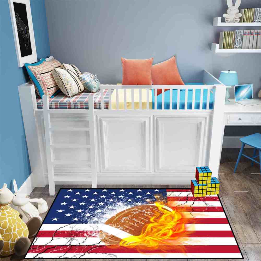 Flaming Football USA Flag Area Rug Boys Bedroom Sports Decor | CozyLil