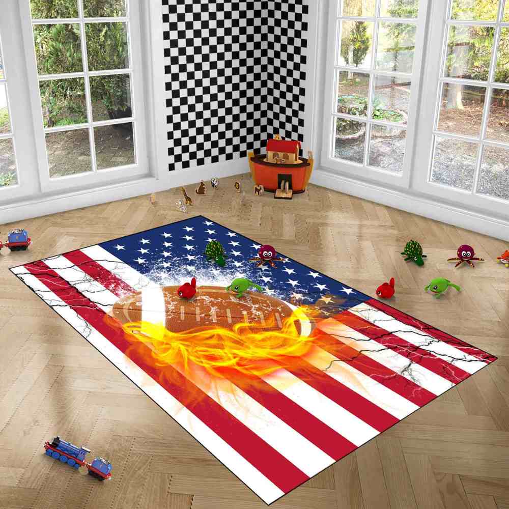 Flaming Football USA Flag Area Rug Boys Bedroom Sports Decor | CozyLil