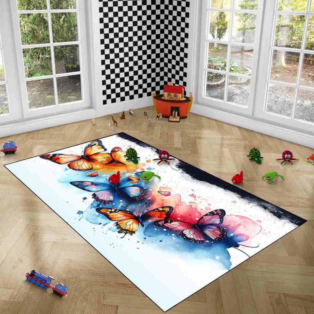 Watercolor Splash Butterfly Toddler Girls Area Rug | CozyLil