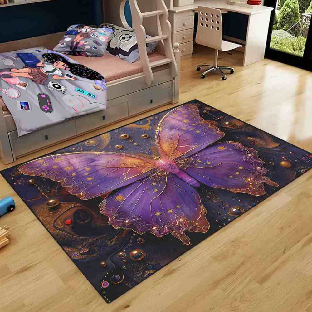 Magical Purple Gold Butterfly Area Rug Girls Nursery Mat | CozyLil