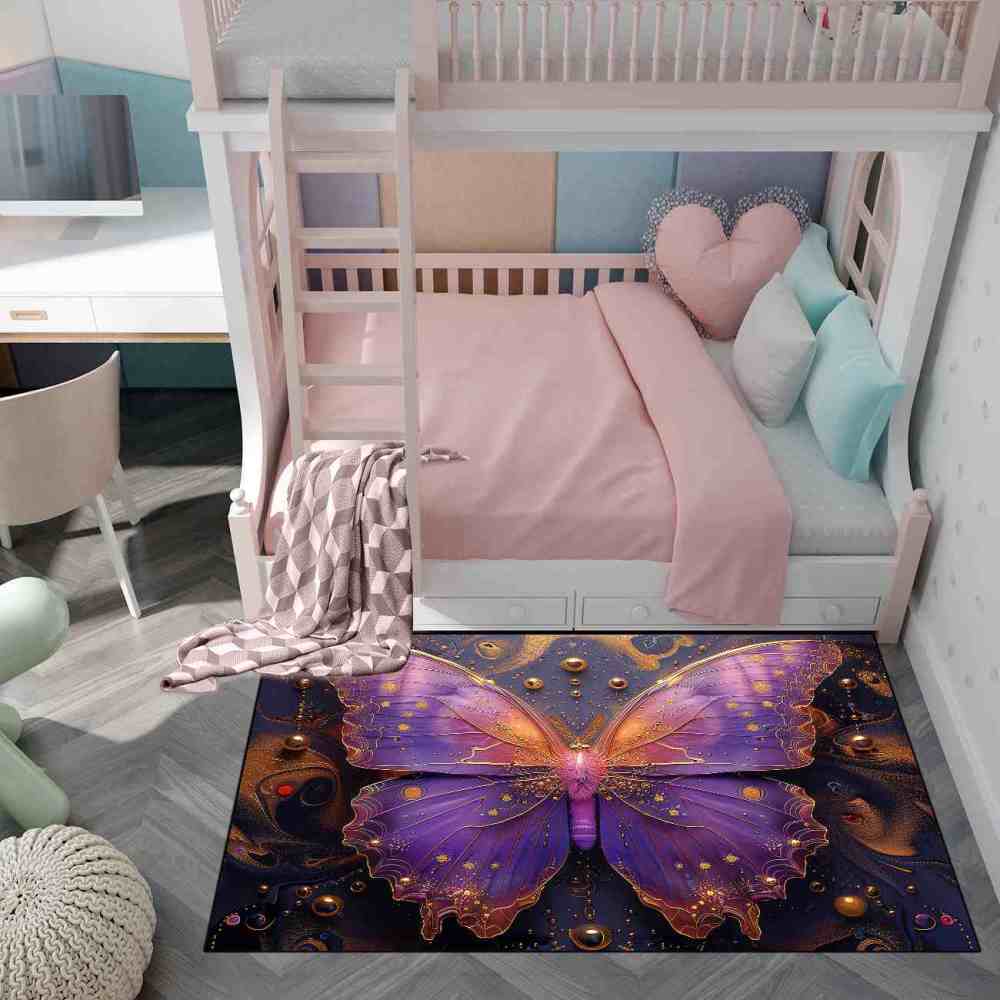 Magical Purple Gold Butterfly Area Rug Girls Nursery Mat | CozyLil