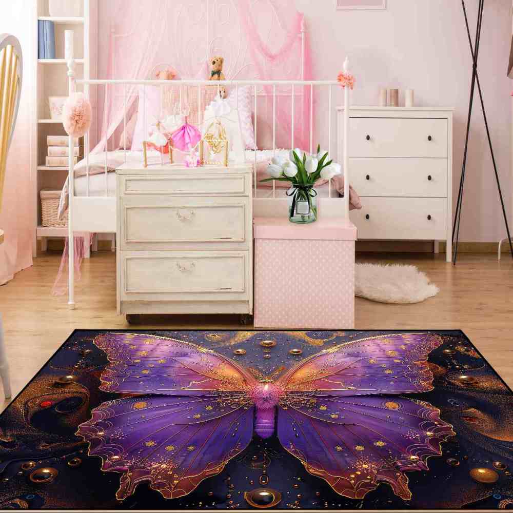 Magical Purple Gold Butterfly Area Rug Girls Nursery Mat | CozyLil