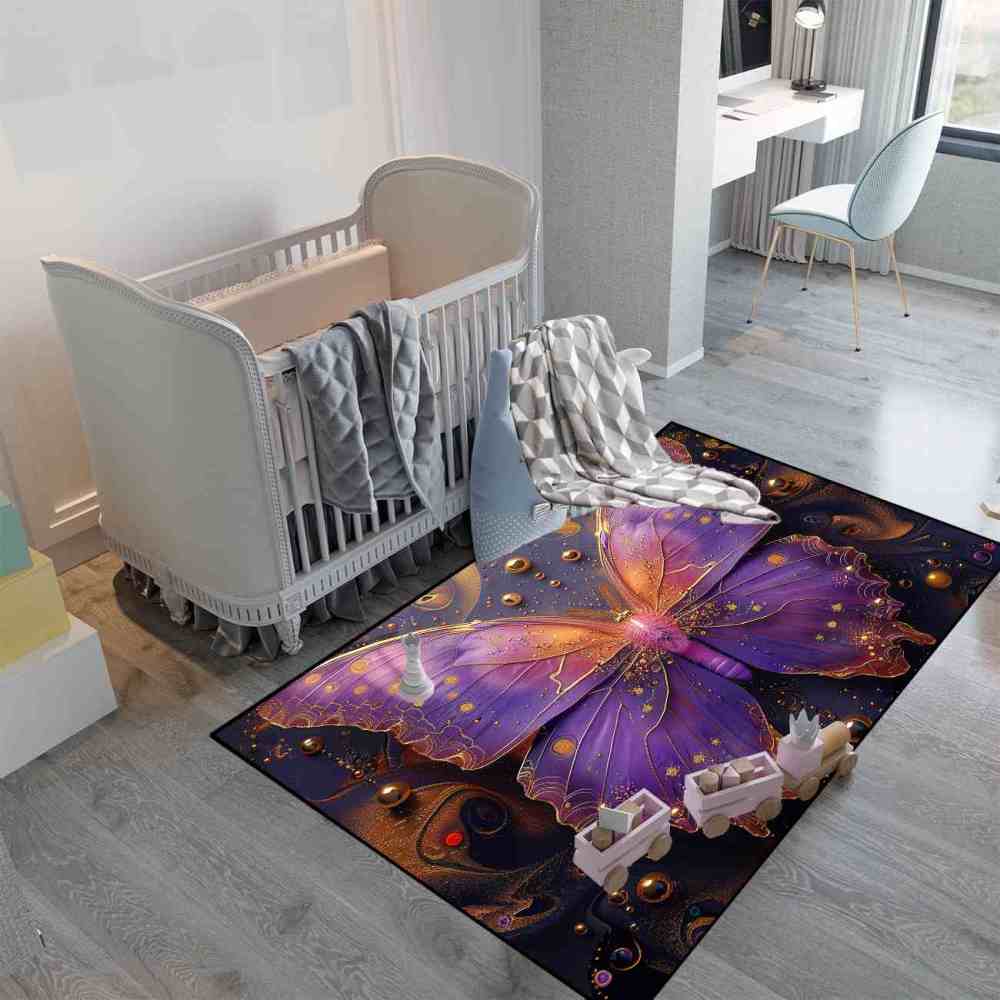 Magical Purple Gold Butterfly Area Rug Girls Nursery Mat | CozyLil
