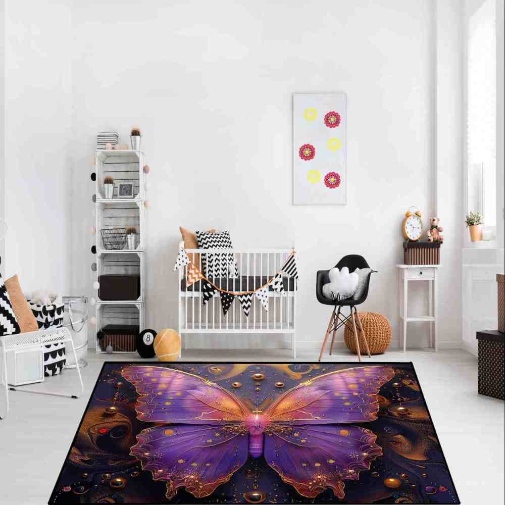 Magical Purple Gold Butterfly Area Rug Girls Nursery Mat | CozyLil