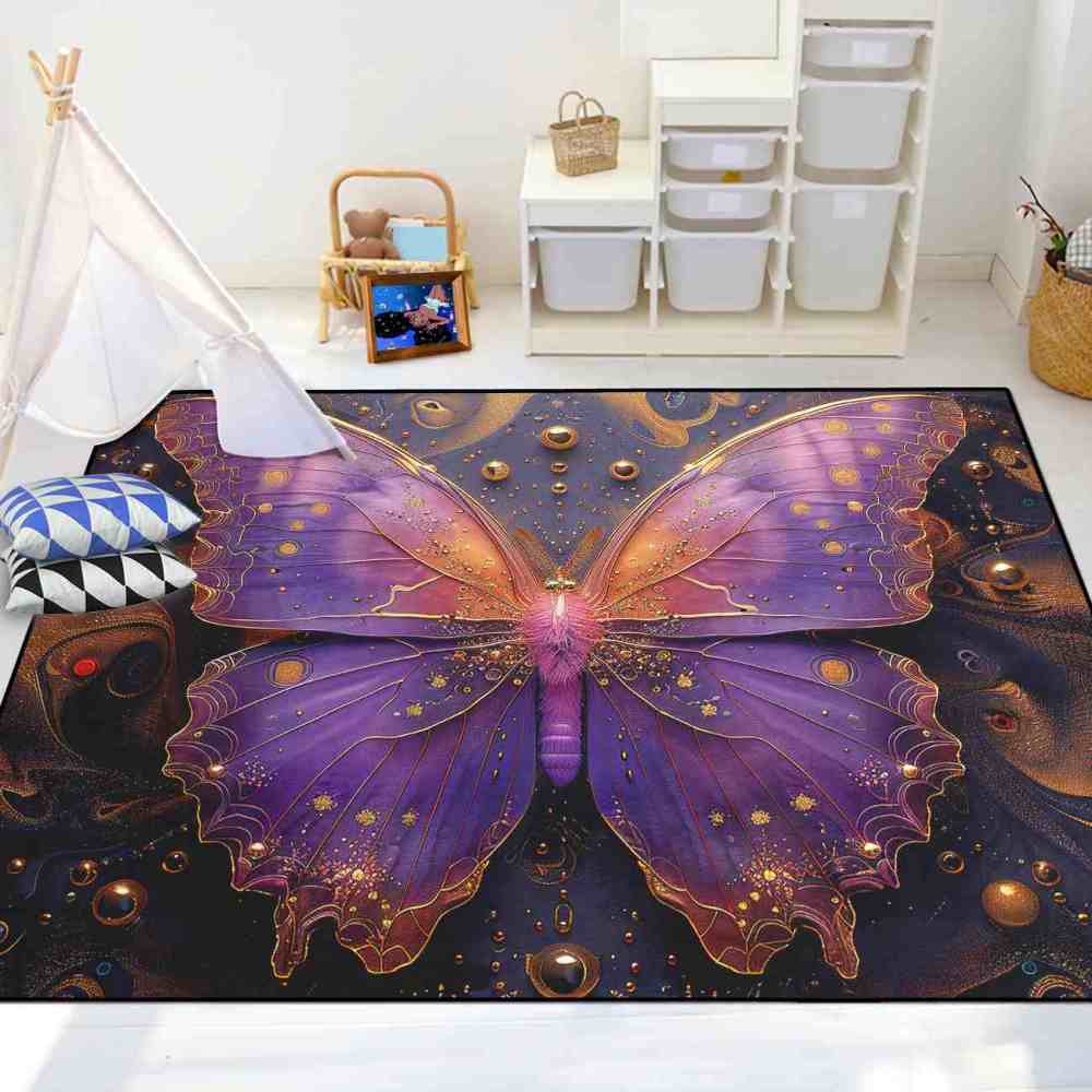 Magical Purple Gold Butterfly Area Rug Girls Nursery Mat | CozyLil