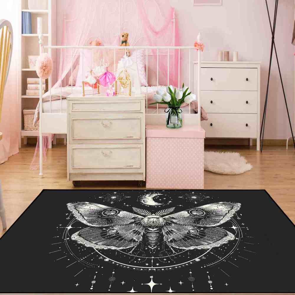 Celestial Moon Moth Area Rug Teen Girls Bedroom Mat | CozyLil