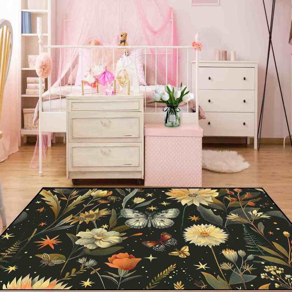 Vintage Botanical Butterfly Girls Nursery Area Rug | CozyLil