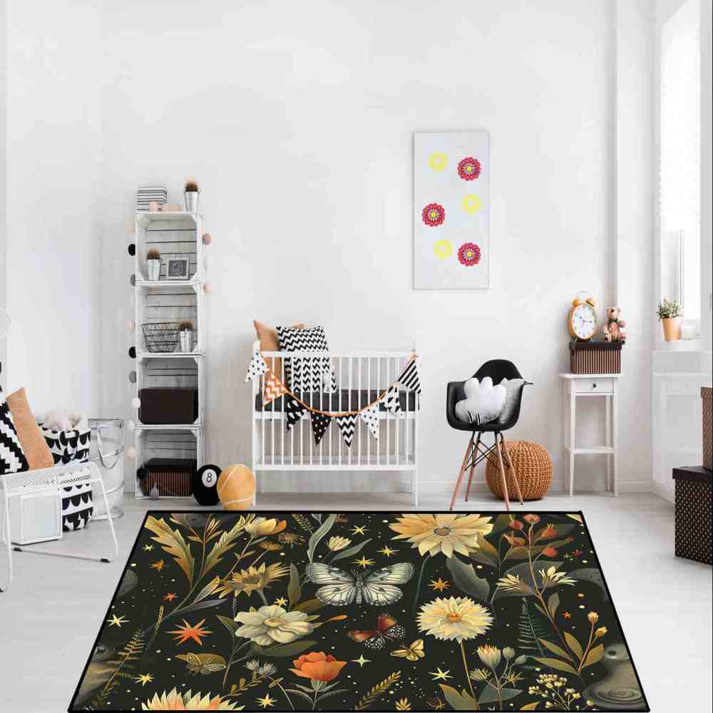 Vintage Botanical Butterfly Girls Nursery Area Rug | CozyLil