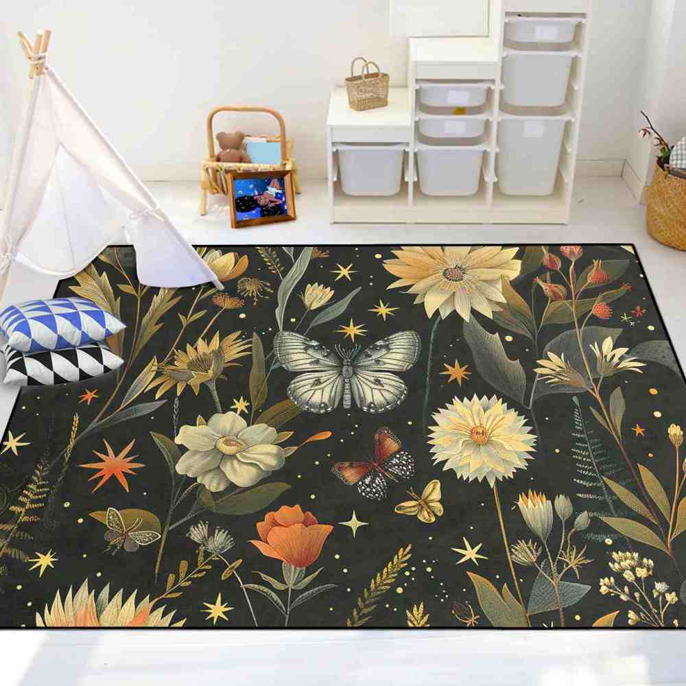 Vintage Botanical Butterfly Girls Nursery Area Rug | CozyLil